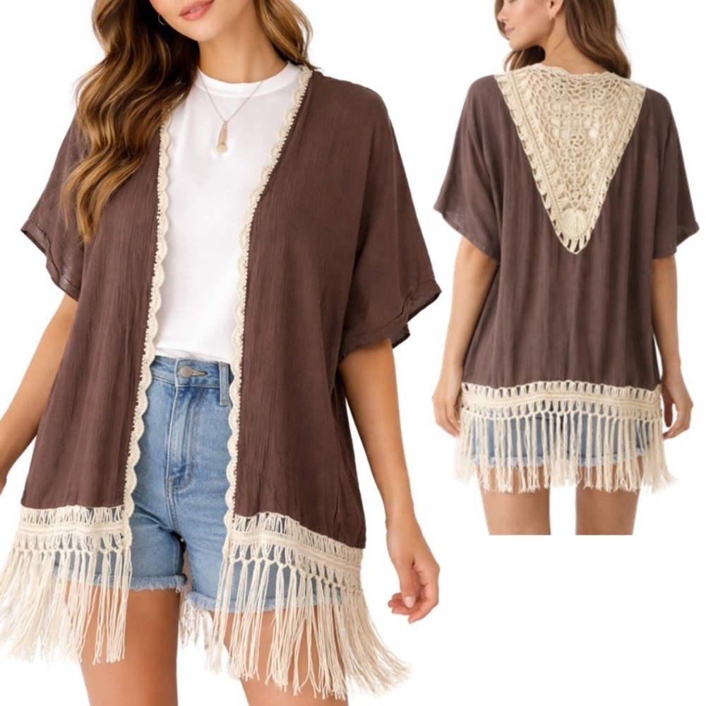 Umgee USA Brown Crochet Lace Back Fringe Kimono Cardigan Bohemian Size S/M A1623